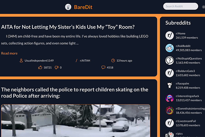 BareDit, a clean and minimalist Reddit web app with a sleek, ad-free interface for smooth browsing and easy access to communities
